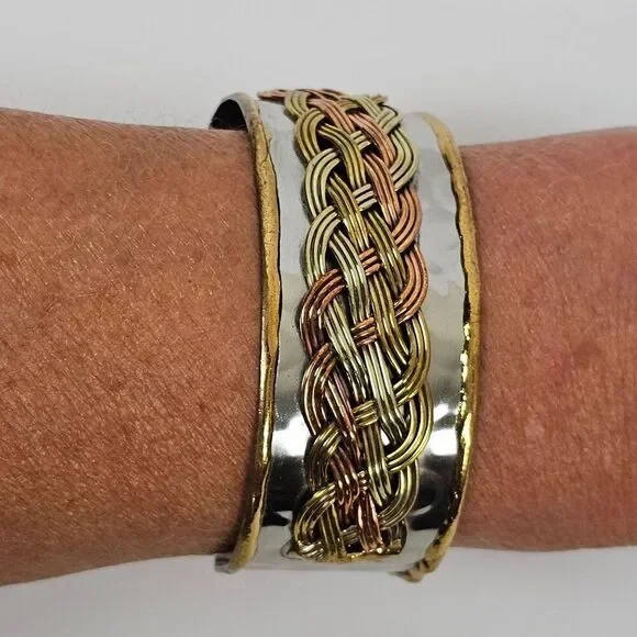 Tricolor Gold Silver Copper Plated Metal Cuff Bracelet Honeycomb‎ Braided Wide - Picture 9 of 10